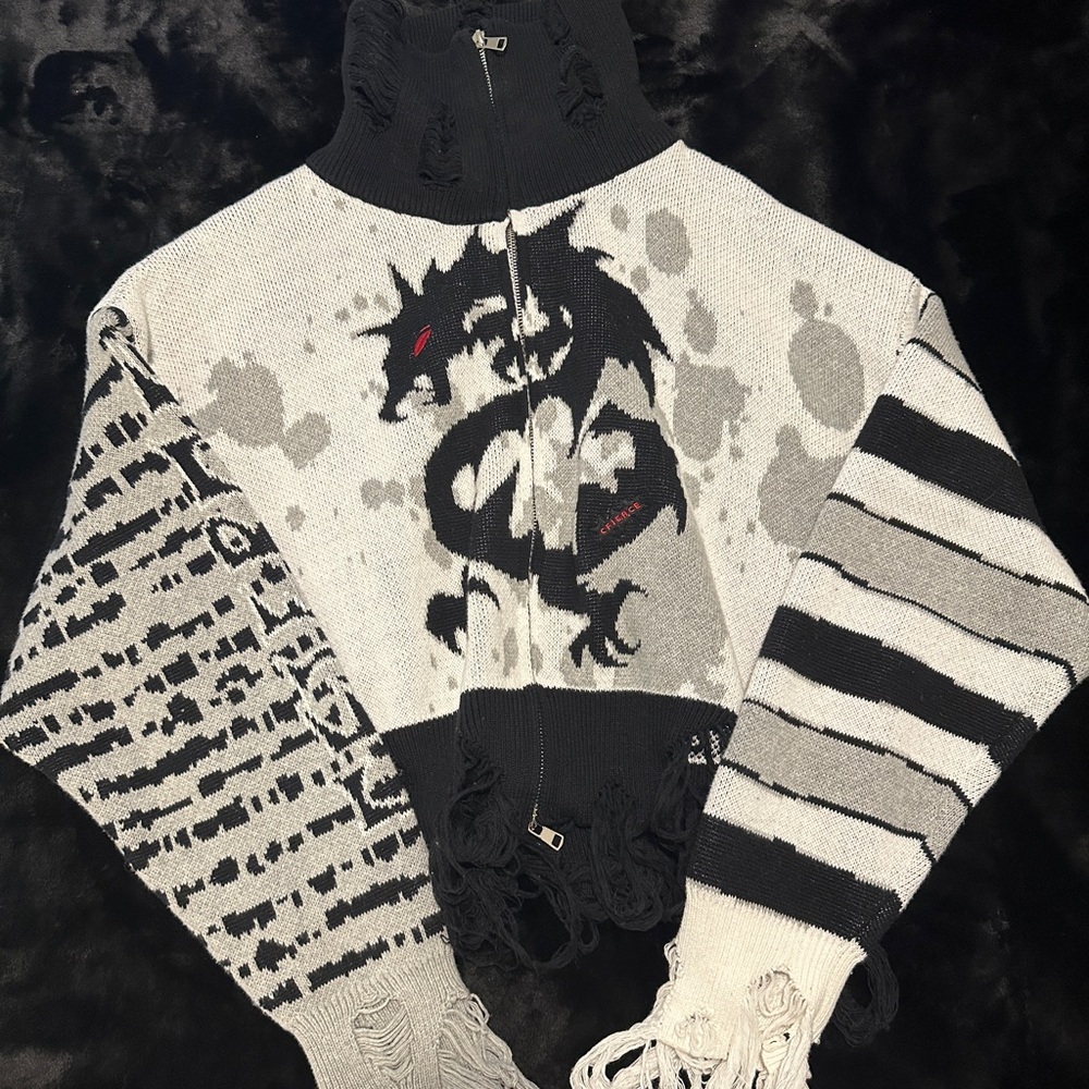 Cfierce Dragon Patterned Zip up Sweater